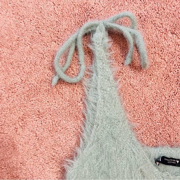 Zara Seafoam Mint Green Fuzzy Tie-Shoulder Crop Top Bralette. Size Small. - Picture 6 of 14